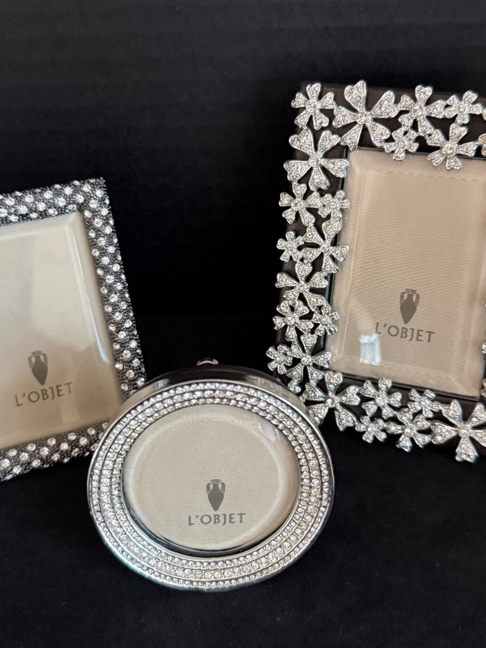 L'OBJET Luxury MINI Picture FRAMES Set of 3 | Platinum FLORAL Swarovski® Crystal